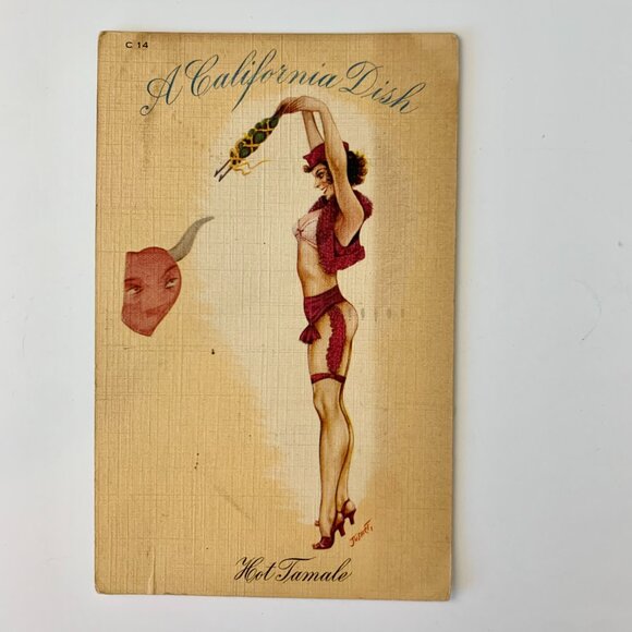 Risque postcards WWII 'A California Dish' 3 linen postcards sent by PFC - Picture 2 of 6